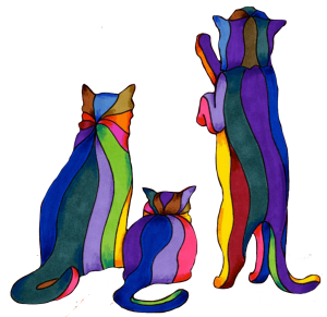 painting of three colorful curious cats with stripes